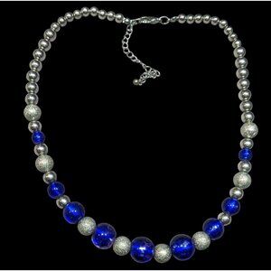 Casual Blue And Silver Tone Metal And Glass Beaded Necklace